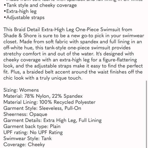 NWT shade and shore Cream One-Piece Swimsuit with Tassel Belt. Size L (12-14) - Picture 4 of 4